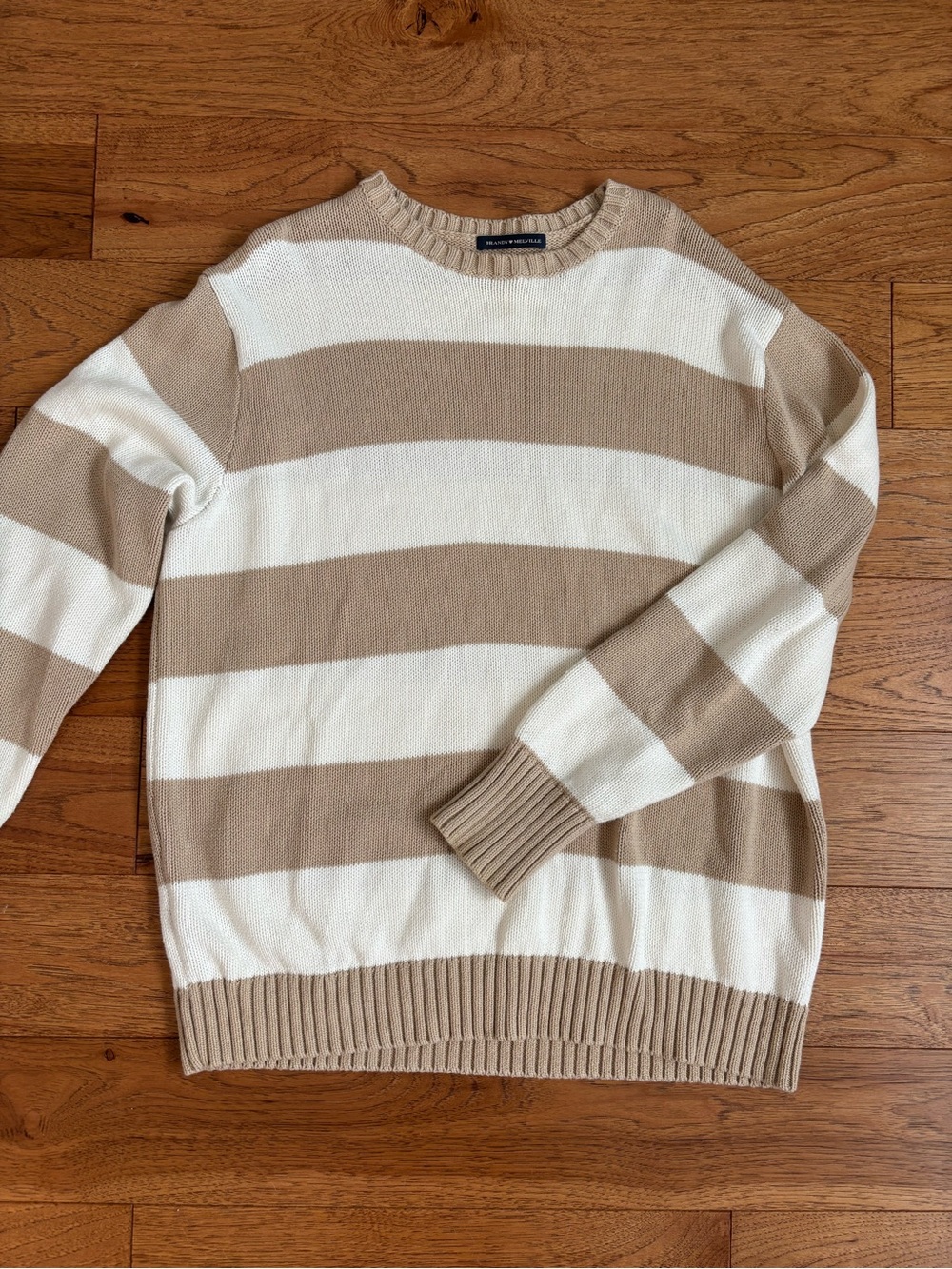 Brandy Melville Beige & White Striped Oversized Crewneck Sweater